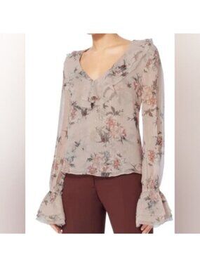 Intermix Thalia Silk Ruffle V Neck Mauve Floral Blouse Whimsical Cottagecore - M